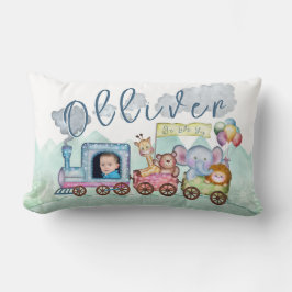 ボーイズ水色トレイン誕生日写真 ランバークッション