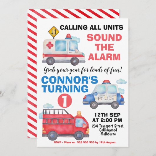 ボーイズ水色輸送1st誕生日招待状 招待状 (正面/裏面)