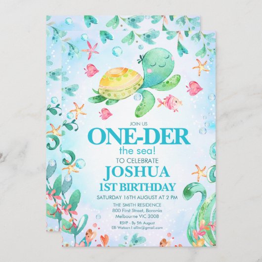 ボーイズ海タートルワンダーザ海の最初の誕生日 招待状 (正面/裏面)