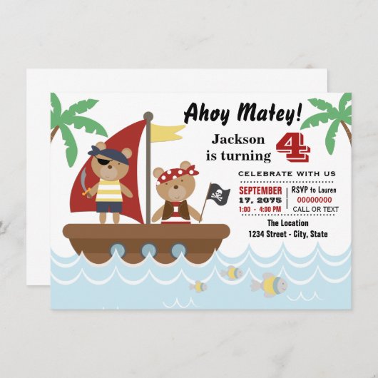 ボーイズ海賊ベアバースデーパーティー 招待状 (正面/裏面)