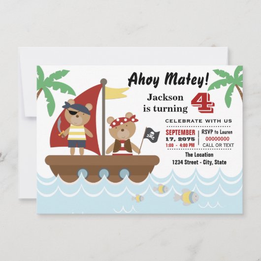 ボーイズ海賊ベアバースデーパーティー 招待状 (正面)