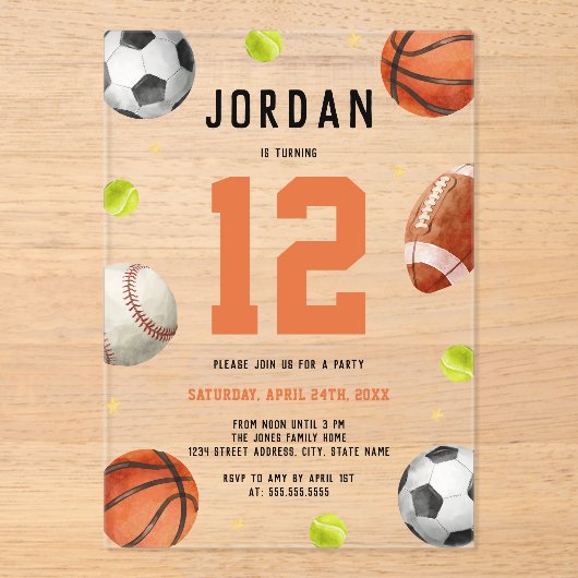 ボーイズ澄んスポーツテーマ誕生日パーティー アクリル招待状 (正面)