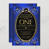 ボーイズ王室のブルー金ゴールドプリンス1歳のパーティー 招待状 (正面/裏面)