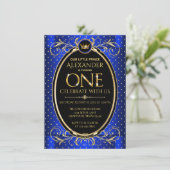 ボーイズ王室のブルー金ゴールドプリンス1歳のパーティー 招待状 (スタンド正面)