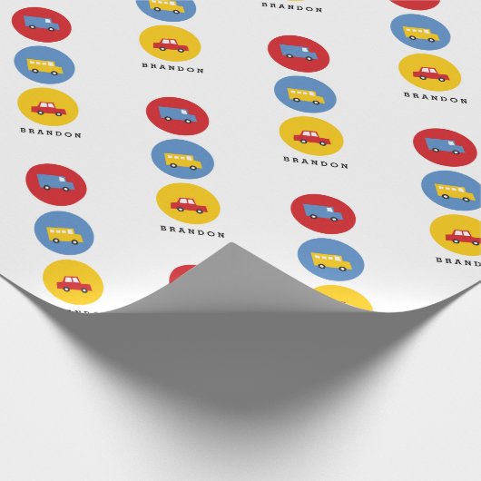 ボーイズ玩具輸送かわいい車のバストラック名前をカスタムする ラッピングペーパー (角)