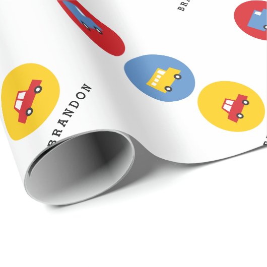 ボーイズ玩具輸送かわいい車のバストラック名前をカスタムする ラッピングペーパー (ロールコーナー)