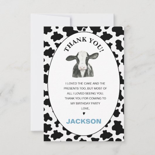 ボーイズ白黒牛プリント誕生日サンキューカード サンキューカード (正面)