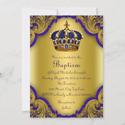 ボーイズ皇太子バプテスマ王室のブルーと金ゴールド 招待状 (裏面)