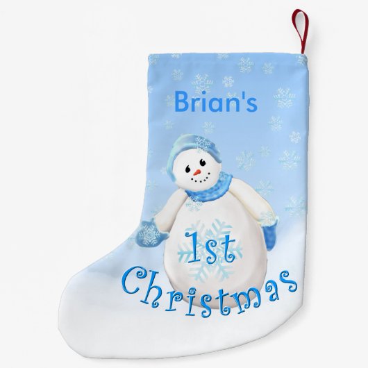 ボーイズ第1クリスマス雪だるま名前をカスタムする スモールクリスマスストッキング (裏面)