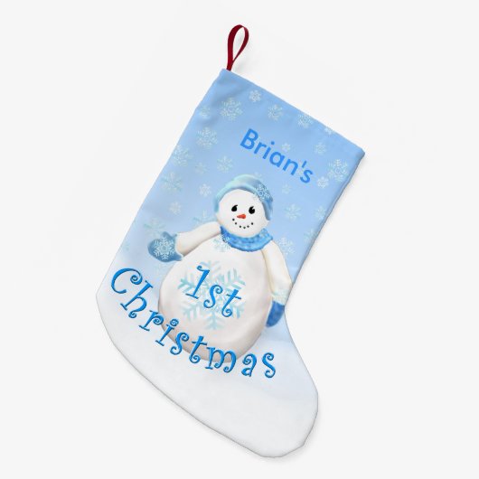 ボーイズ第1クリスマス雪だるま名前をカスタムする スモールクリスマスストッキング (正面 (吊り時))
