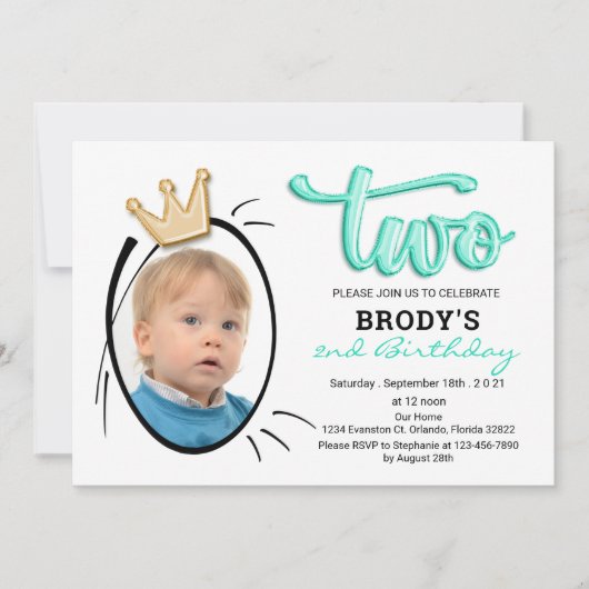 ボーイズ第2バースデーパーティーのミニマリストのプリンス写真 招待状 (正面)