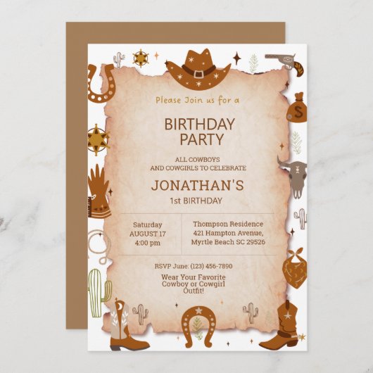 ボーイズ素朴ウエスタン1歳の誕生日パーティー 招待状 (正面/裏面)