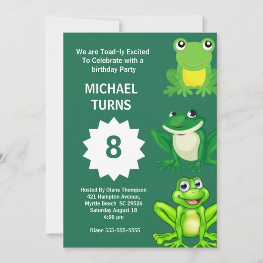 ボーイズ緑のカエルの誕生日パーティー任意の年齢招待状 招待状 (正面)