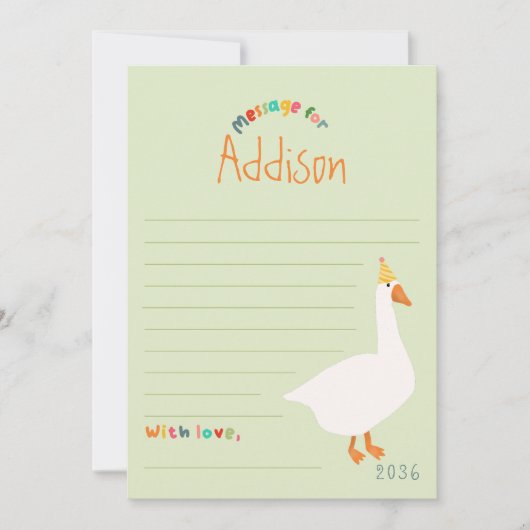 ボーイズ緑のガチョウ最初の誕生日タイムカプセルカード 招待状 (正面)