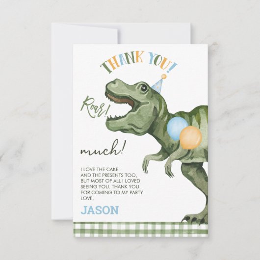 ボーイズ緑の轟音の恐竜誕生日サンキューカード サンキューカード (正面)