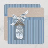 ボーイズ茶色の青ピンストライプ赤ちゃんシャワー 招待状 (正面/裏面)