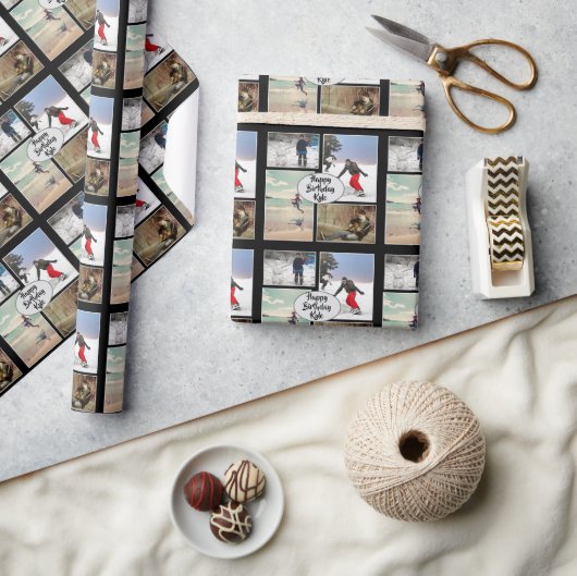 ボーイズ誕生日フォトコラージュパーソナライズされた ラッピングペーパー (クラフト)