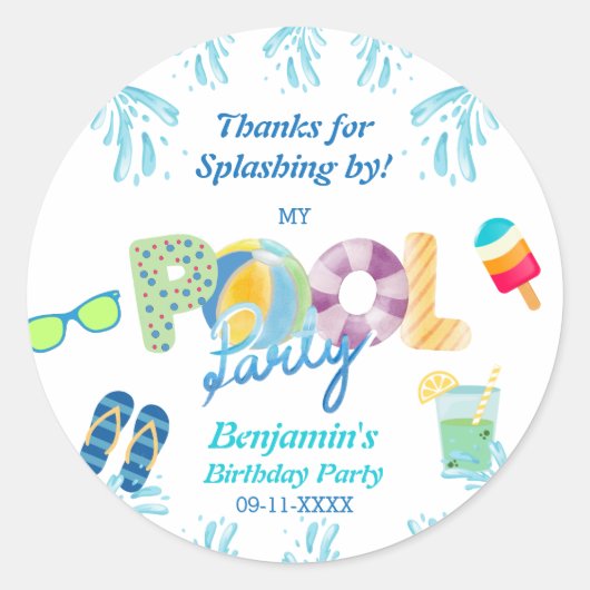 ボーイズ誕生日プールパーティーの好意ありがとう ラウンドシール (正面)