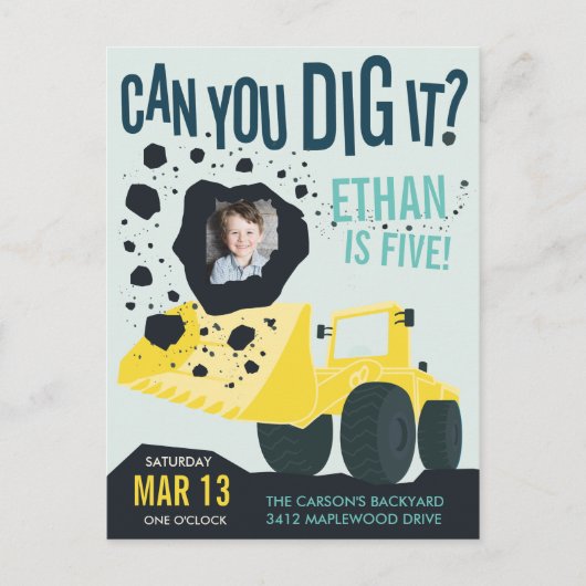 ボーイズ誕生日建築トラックブルーイエロー ポストカード (正面)