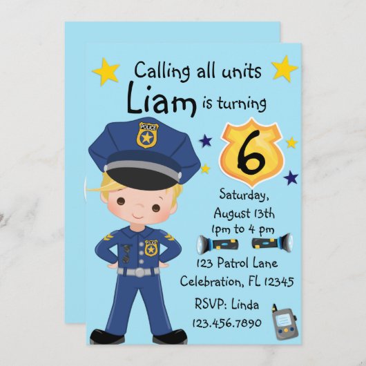 ボーイズ警察官誕生日 招待状 (正面/裏面)
