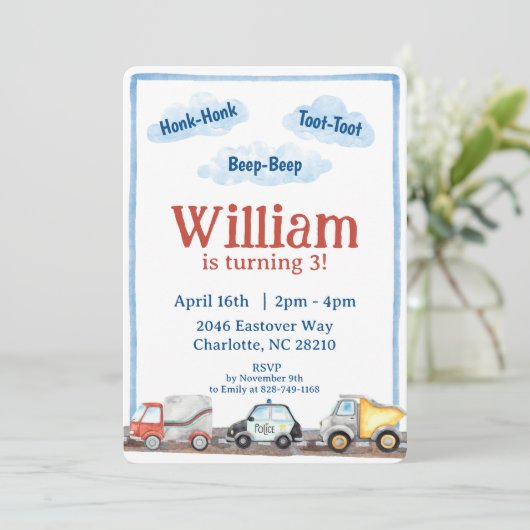 ボーイズ車の車の水の色の誕生日パーティー 招待状 (スタンド正面)