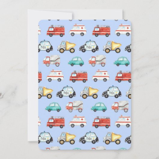 ボーイズ車の車の水の色の誕生日パーティー 招待状 (裏面)