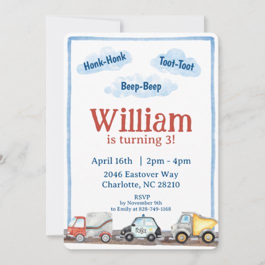ボーイズ車の車の水の色の誕生日パーティー 招待状 (正面)
