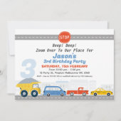 ボーイズ車輸送をテーマにした誕生日 招待状 (正面)