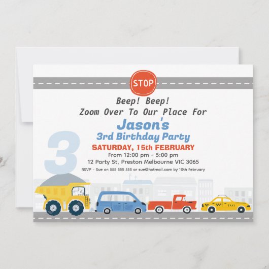 ボーイズ車輸送をテーマにした誕生日 招待状 (正面)