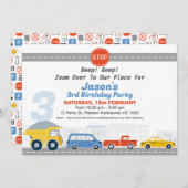 ボーイズ車輸送をテーマにした誕生日 招待状 (正面/裏面)