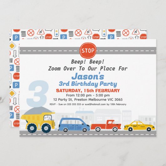 ボーイズ車輸送をテーマにした誕生日 招待状 (正面/裏面)