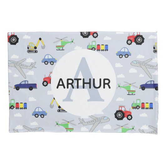 ボーイズ輸送パターンモノグラムカー名キッズ 枕カバー (正面左)