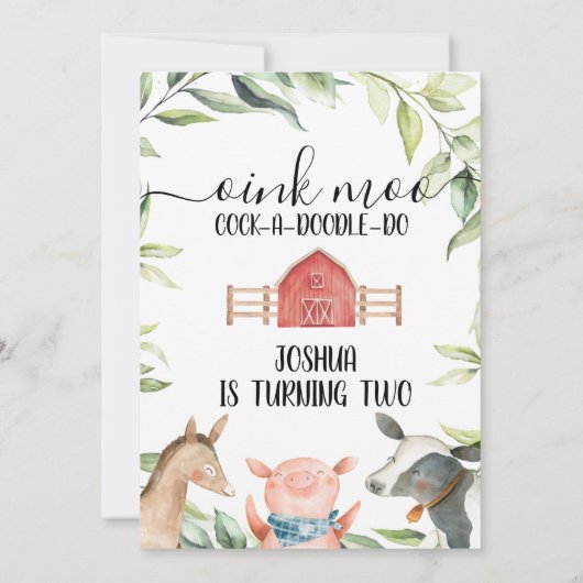 ボーイズ農畜動物の葉の第2の誕生日招待状 招待状 (裏面)