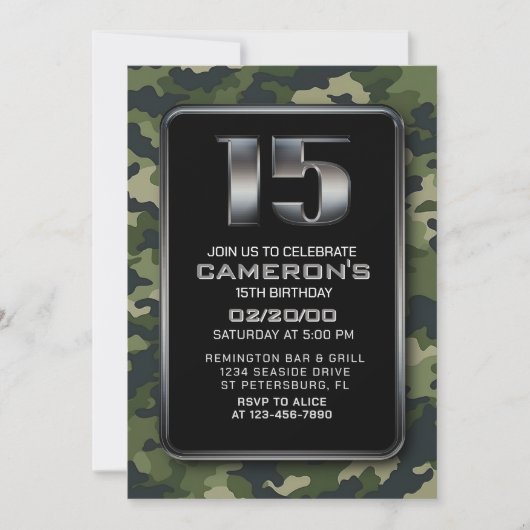 ボーイズ迷彩柄狩り陸軍15誕生日 招待状 (正面)