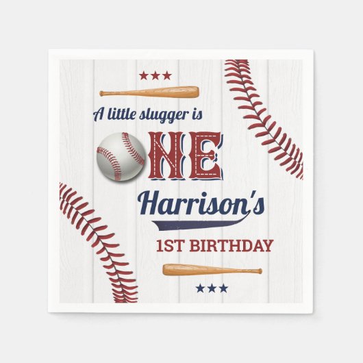 ボーイズ野球1歳の誕生日 スタンダードカクテルナプキン (正面)