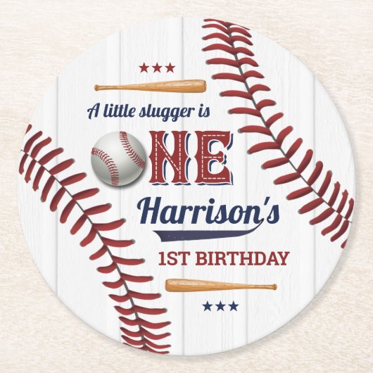 ボーイズ野球1歳の誕生日 ラウンドペーパーコースター (正面)