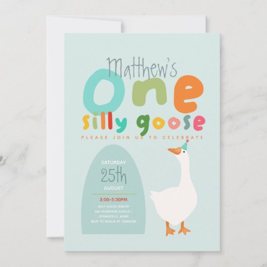 ボーイズ間抜けワングースブルーファースト誕生日 招待状 (正面)