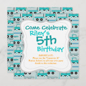 ボーイズ青いホイールレトロスクーター車ワゴントラック 招待状 (正面/裏面)