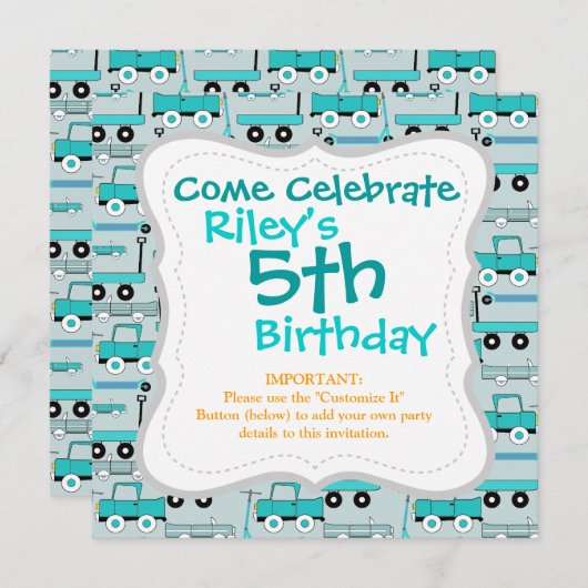 ボーイズ青いホイールレトロスクーター車ワゴントラック 招待状 (正面/裏面)