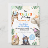 ボーイズ青い帽子の私たちの生意気なサル誕生日 招待状 (正面)