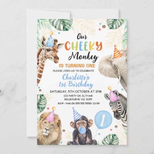 ボーイズ青い帽子の私たちの生意気なサル誕生日 招待状 (正面)