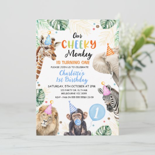 ボーイズ青い帽子の私たちの生意気なサル誕生日 招待状 (スタンド正面)