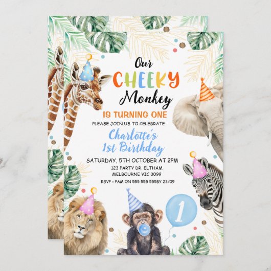 ボーイズ青い帽子の私たちの生意気なサル誕生日 招待状 (正面/裏面)