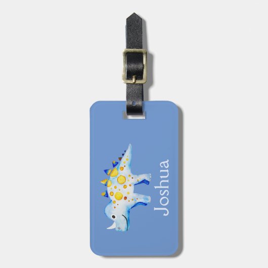 ボーイズ青い水彩恐竜と名前キッズ ラゲッジタグ (正面縦)