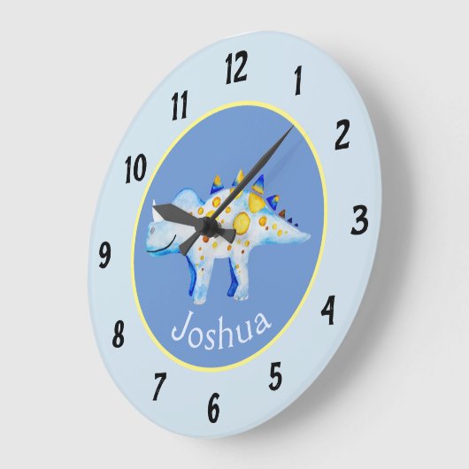 ボーイズ青い水彩恐竜と名前キッズ ラージ壁時計 (傾斜)