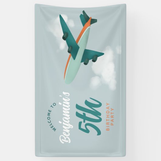 ボーイズ青い飛行機の旅行誕生日へようこそ 横断幕 (縦)