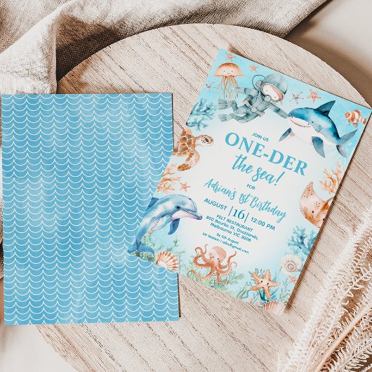 ボーイズ青スキューバダイバーオンダーザ海の最初の誕生日 招待状