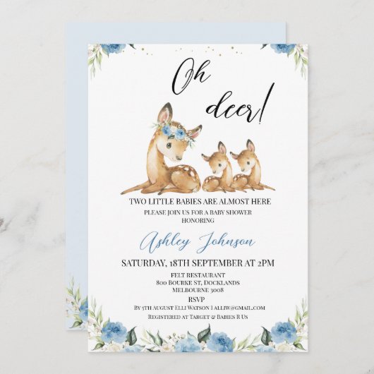 ボーイズ青フローラオーディアツインベビーシャワー 招待状 (正面/裏面)