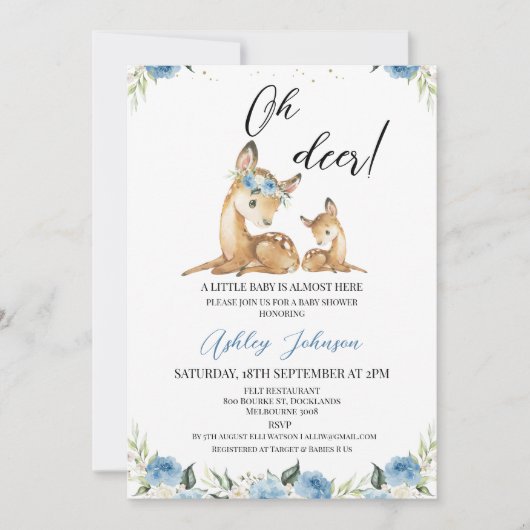 ボーイズ青フローラオーディアベビーシャワー 招待状 (正面)