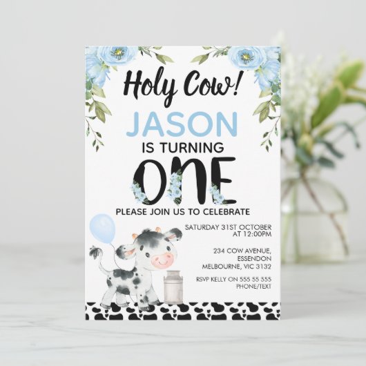 ボーイズ青フローラホーリーカウカウカウズプリント1st誕生日 招待状 (スタンド正面)